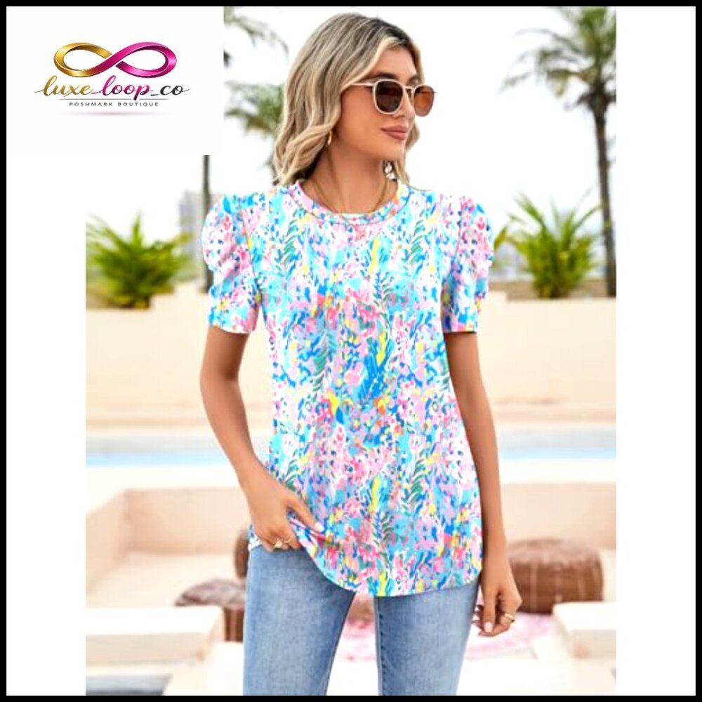 Puff Sleeve Eyelet Blouse Loose Fit Summer Casual Chic Crewneck Top - Picture 2 of 6